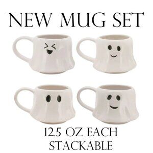 NEW Ceramic Ghost Mugs Mug Set of 4 Stacking Stackable White Stoneware